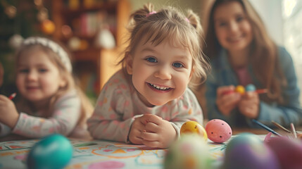 Happy little girl looking at the camera with her mom and sisters