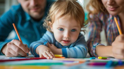 Parents teach drawing to kid