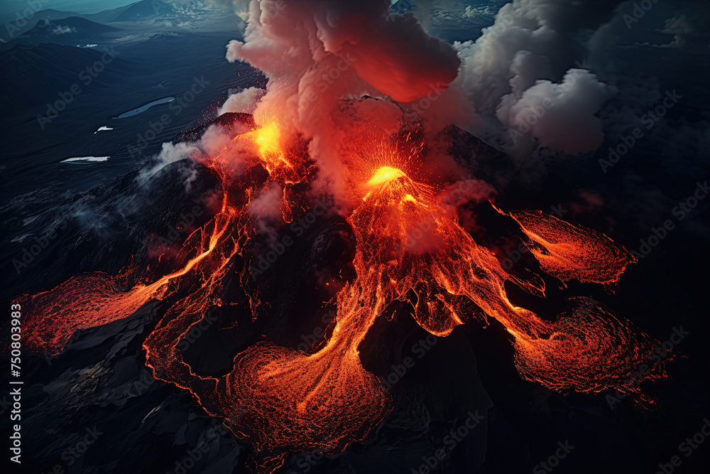 Wall mural volcano eruption from a bird view. volcano crater and magma flow shot from above. genertated ai.