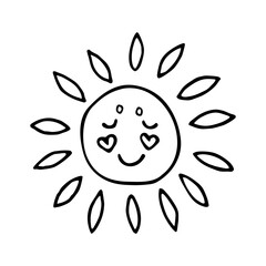 Doodle cute smiling sun. Abstract hand drawn vector minimalistic illustration on white background for design, logo, tattoo, card and invitation