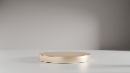 Gold empty podium or pedestal for product presentation, showcase of beauty and cosmetics product. Round mockup platform on gray background. 3d rendering	