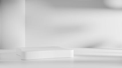 White empty podium or pedestal for product presentation, showcase of beauty and cosmetics product. Mockup platform on white background. 3d rendering	
