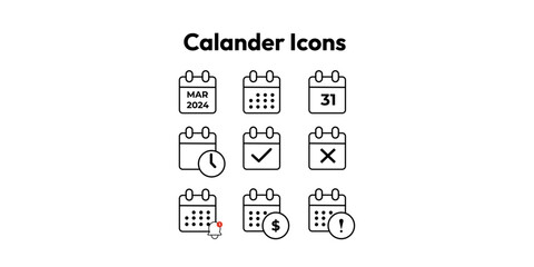 Calendar icon collection. Reminder organizer event signs. Calendar notification icon. Business plan schedule. Calendar vector icons. Set of calendar symbols