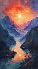 Fototapeta na wymiar A scenic painting of a river under a sunset sky with mountains