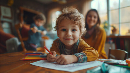 Little child drawing with pencils