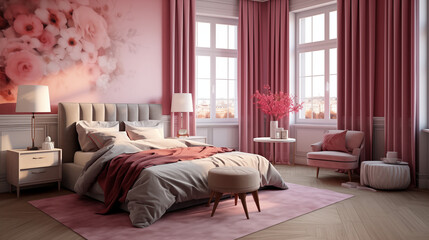Jasna przytulna sypialnia w nowoczesnym stylu glamour - dekoracje na ścianie. Różowe i białe kolory wnętrza. Render 3d. Wizualizacja	