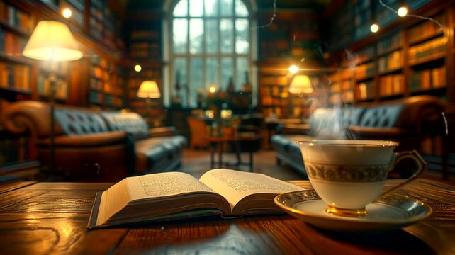 Book with teacup on table in university library. Seamless looping time-lapse 4k video animation background
