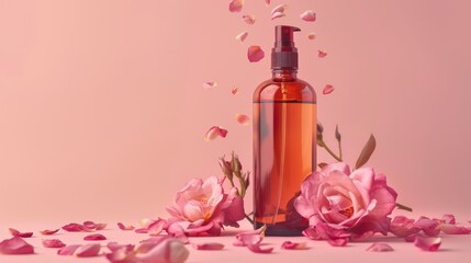 Amber glass spray bottle with falling pink petals and roses on a pink background. Beauty and skincare product presentation. Romantic and floral concept for design and advertising with copy space