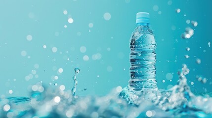 Plastic water bottle with splashing water on teal background. Dynamic product photography with bokeh effect. Hydration and freshness concept for banner design with copy space