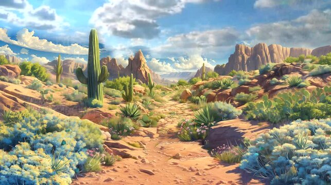 The beauty of the desert flora that still survives. Fantasy landscape anime or cartoon style, looping 4k video animation background