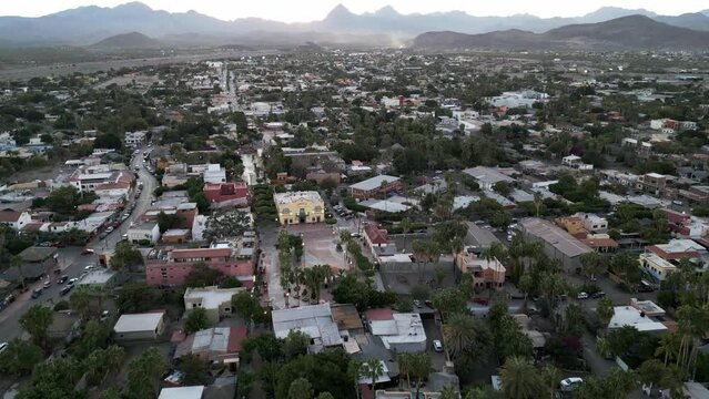 Loreto Baja California Sur BCS Mexico drone fly above old Colonia town 