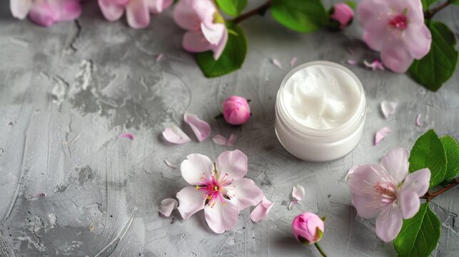 Jar of moisturizing cream with pink cherry blossoms on a grey textured background. Skincare and beauty concept with spring flowers. Elegant cosmetic product presentation