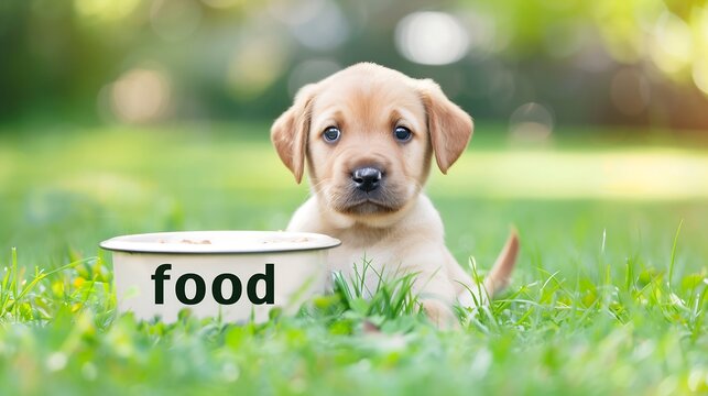 Puppy in the grass with bowl of food