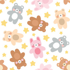 Teddy bear kawaii seamless pattern, vector background - 750805907