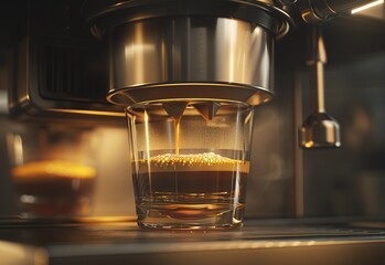 Aromatic coffee poured from a modern machine into a clear mug illuminated by warm ambient lighting, ideal for cafes and coffee lovers.