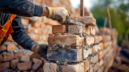 A bricklayer constructs a stone wall using wood, metal tools, and building materials  - obrazy, fototapety, plakaty
