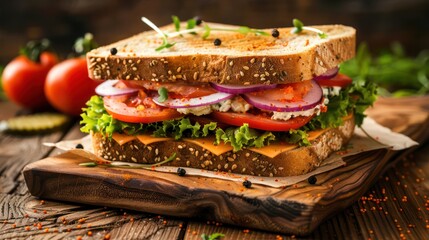 Vegetable sandwich with cheese, lettuce, tomato, cucumber, and red onion on whole grain bread. Healthy eating concept for a food blog, vegetarian recipe visual, and cafe menu