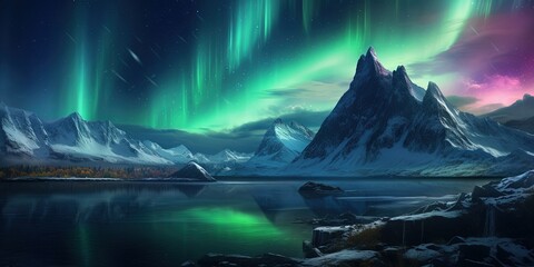A breathtaking digital representation of the northern lights dancing over a rugged snowy mountain