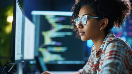 Focused dark-skinned female programmer working hard in a darkened office illuminated by the light of computer screens, representing dedication to the high tech industry