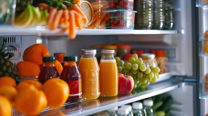 Well-organized refrigerator shelves with colorful fruits, vegetables, and juices. Nutritional health and meal planning concept for design and print. Interior view with selective focus - obrazy, fototapety, plakaty