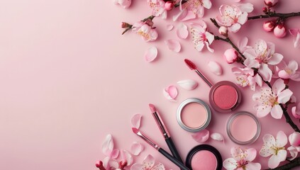 Obraz premium A pink background adorned with an array of cosmetics like lipstick, nail polish, and brushes, intermingled with colorful flowers creating a vibrant and feminine display.