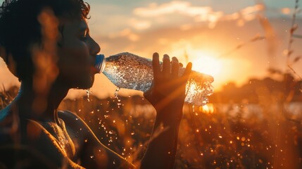 Child drinking water from a bottle against sunset in a field. Healthy lifestyle and hydration concept. Summer leisure activity and nature theme for design and print - obrazy, fototapety, plakaty
