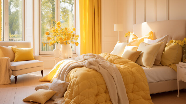 Jasna żółta przytulna sypialnia w stylu glamour - mockup. Żółte słoneczne, złote i białe kolory wnętrza. Render 3d. Wizualizacja