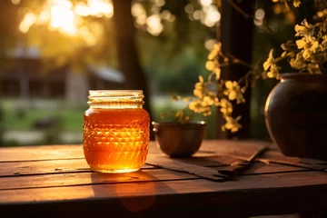 Foto op Plexiglas a jar of honey on a table © Galina