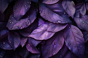 The ethereal beauty of dew-kissed purple leaves: a close-up view that captures the essence of nature's art