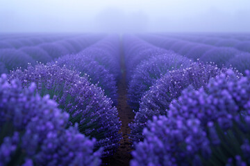 Misty lavender fields. Surreal landscape. Background image. Created with Generative AI technology.