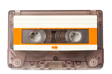 PNG of vintage plastic stereo cassette tape from the 80s isolated on black background for listening to analog music with magnetic head. Old recording cassette