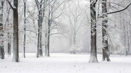 Serene Winter Wonderland: Snowy Trees and Blanketed Ground in a Hushed Forest