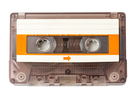 PNG of vintage plastic stereo cassette tape from the 80s isolated on black background for listening to analog music with magnetic head. Old recording cassette