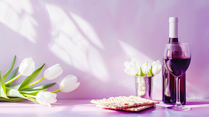 Obraz na płótnie Canvas Jewish holiday Passover, Passover celebrations, traditional kosher food. Matzah, red kosher wine, beautiful spring tulips , light pink background with bright sunlight and shadows, copy space
