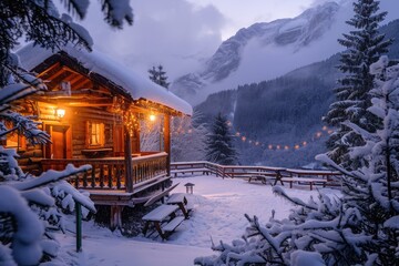 A cabin nestled in the stunning mountains, covered in a blanket of glistening snow, A cozy mountain lodge during winter, AI Generated