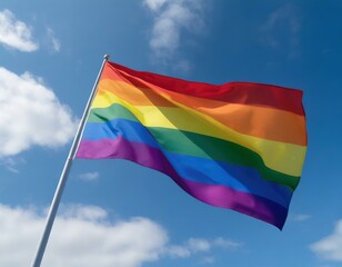 Gay pride rainbow flag waving against blue sky diversity