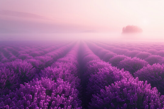 Misty lavender fields. Surreal landscape. Background image. Created with Generative AI technology.