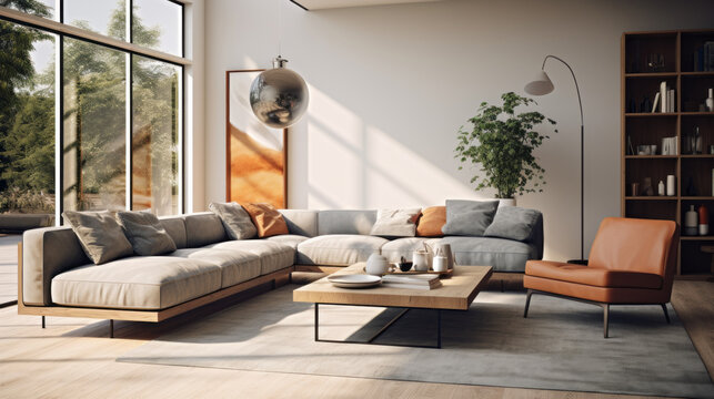 A modern living room with customizable furniture and bright accents