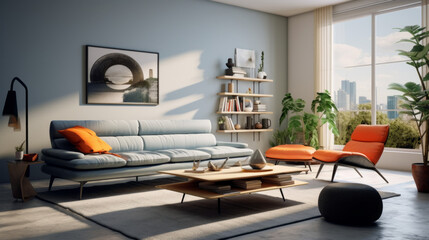 A modern living room with customizable furniture and bright accents