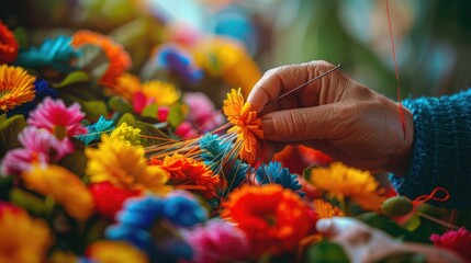 Naklejka premium A macro photograph of a hand stitching a vibrant, floral May Day garland, with the needle and colorful threads against a backdrop of blurred greenery, capturing the essence of spring and festivity