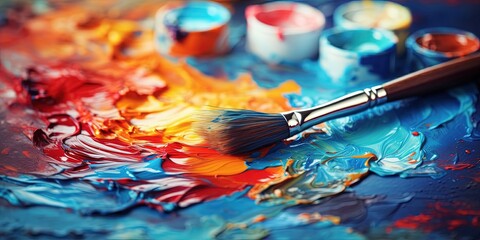 Mixing colors. Paint brush and oil paint or acrylic paint, on a pallette. Blue paint with depth of...