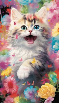 Cute fluffy kitten close-up with colorful vibrant background, adorable domestic cat portrait
