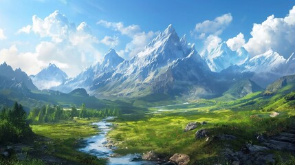 Naklejka na ściany i meble A breathtaking mountain landscape with a peaceful river winding through, harmonizing with the vivid blue sky.