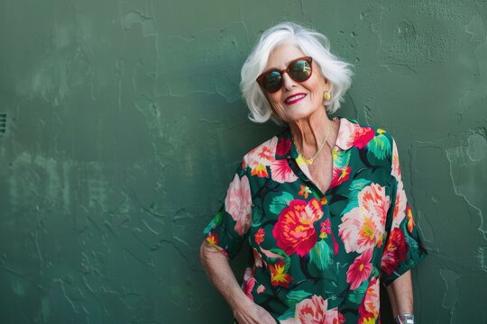 Stylish senior woman with white hair wearing sunglasses and floral shirt against a green background, exuding confidence and timeless fashion - AI generated