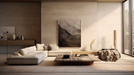 A modern living room featuring a textured wall finish in shades of beige
