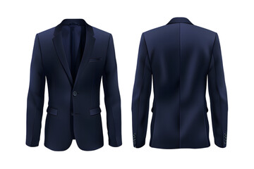 Front and back view of a navy blue blazer template. With long sleeves and lapels, mockups for design and print, isolated on a white or transparent background