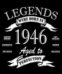 Born in 1946, Happy Birthday typography. Legend since 1946. Awesome since 1946.