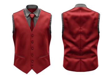 Front and back view of a ruby red vest template. Sleeveless and with pockets, mockups for design and print, isolated on a white or transparent background