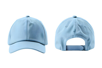 Front and back view of a sky blue baseball cap template. Adjustable strap, mockups for design and print, isolated on a white or transparent background 