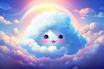 a cartoon of a cloud with a rainbow in the background